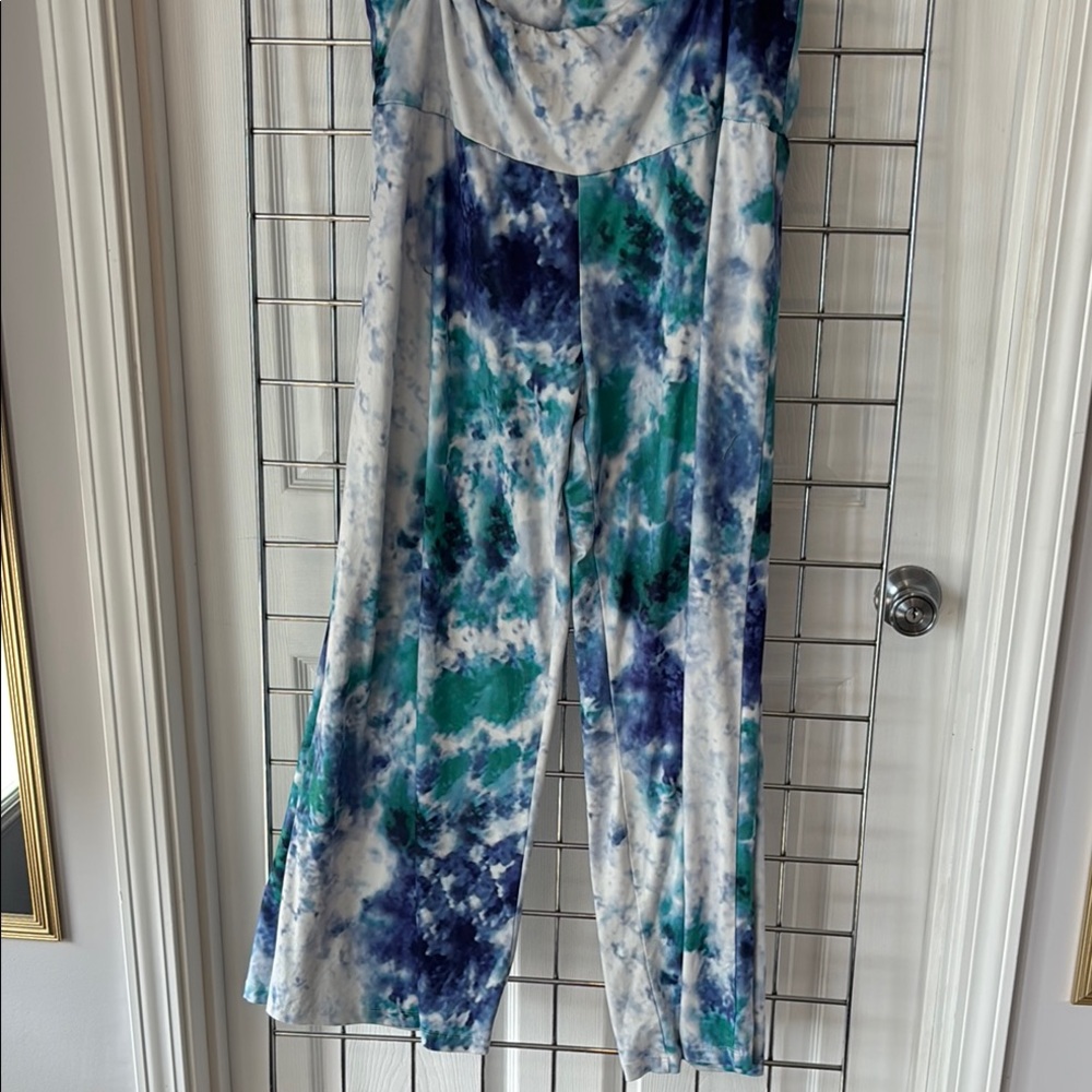 Artistic Blue and Green Tie-Dye Wide Leg Jumpsuit
